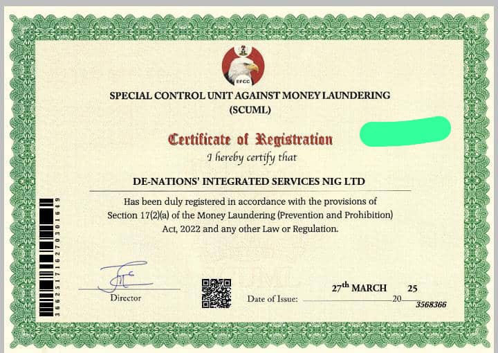 Certificate of Registration under SCUML