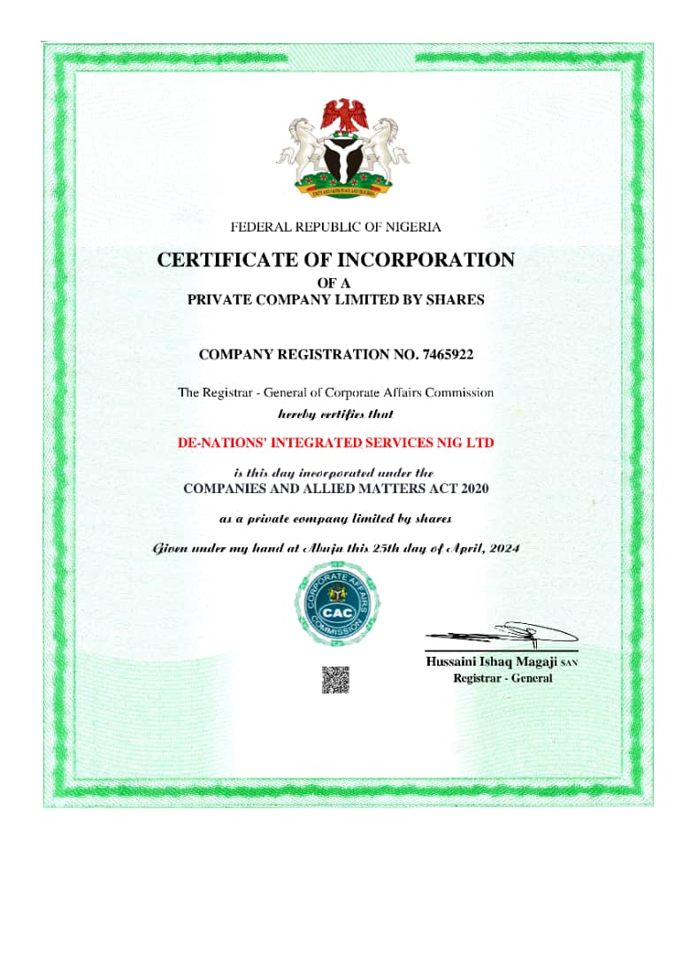 Certificate of Incorporation issued by the Corporate Affairs Commission
